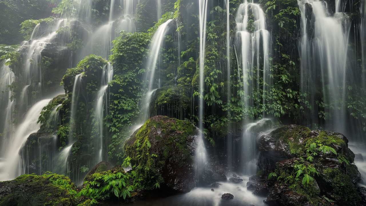 The many little cascades of the Banyu Wana Amertha waterfall in Bali