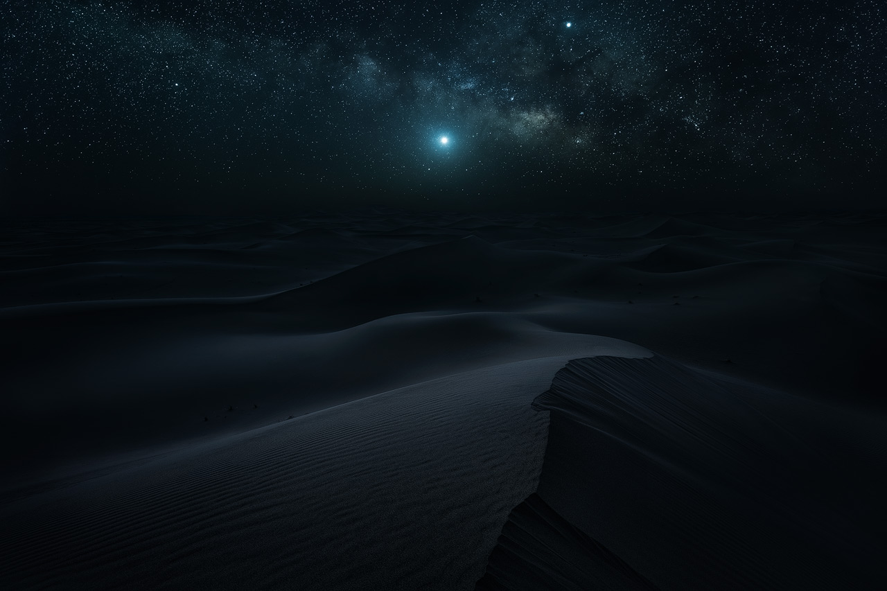 The Milky Way rises above the endless dunes of the Erg Chigaga.