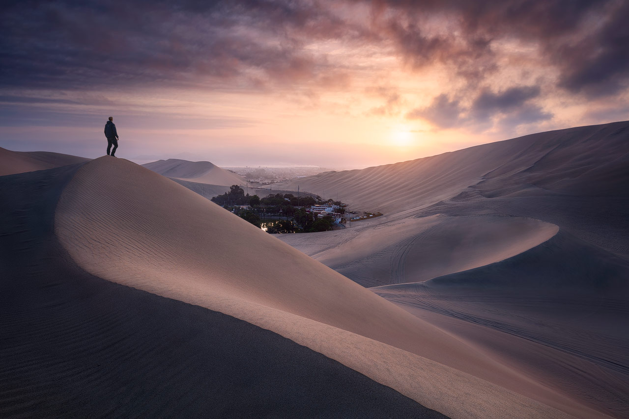 The desert oasis of Huacachina at sunrise