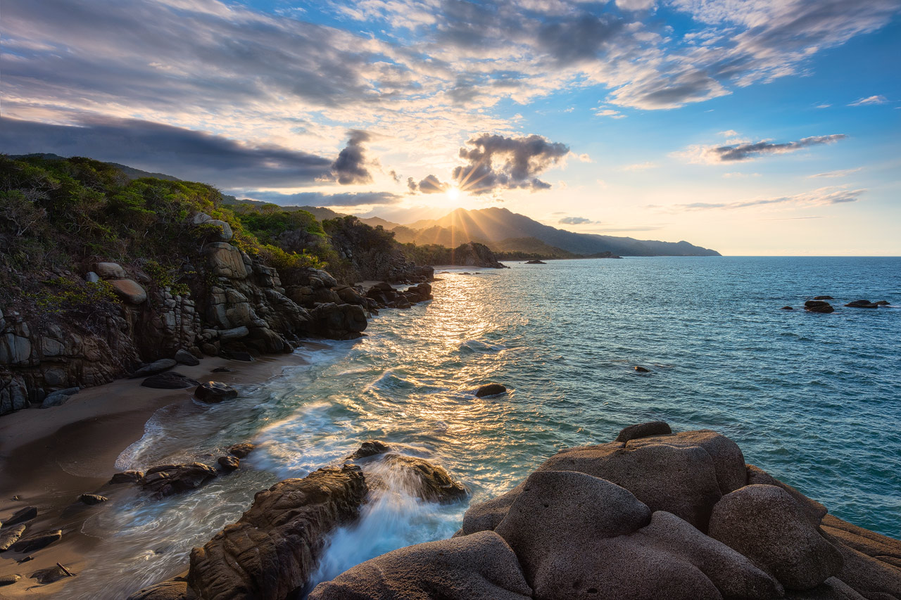 Sunset view overlooking the Tayrona coastline
