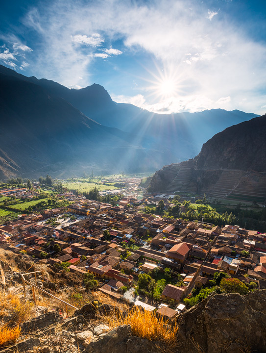 View of Ollantaytambo and Inca ruins in late afternoon light