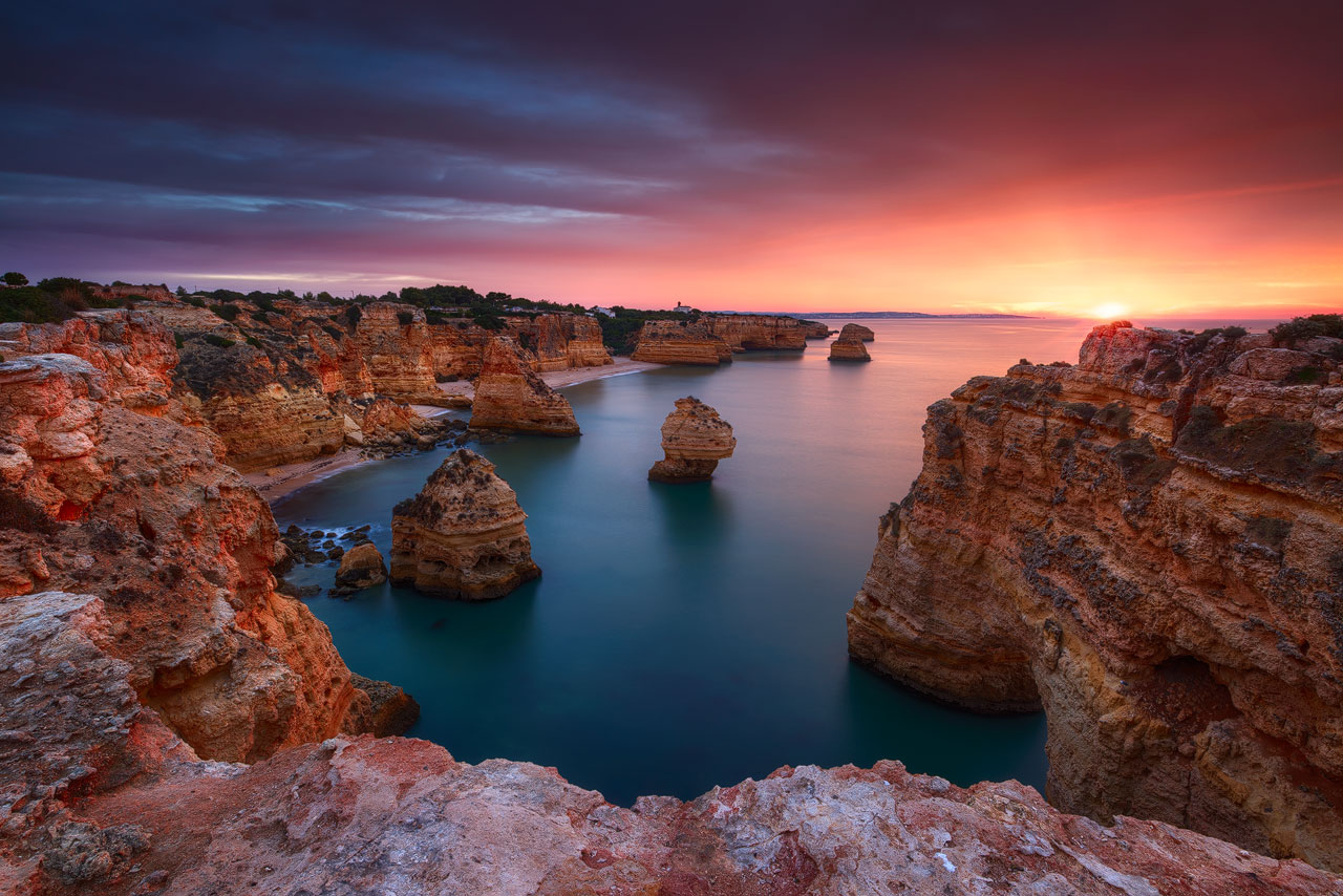 Sunrise at Praia da Marinha at the Algarve in Portugal