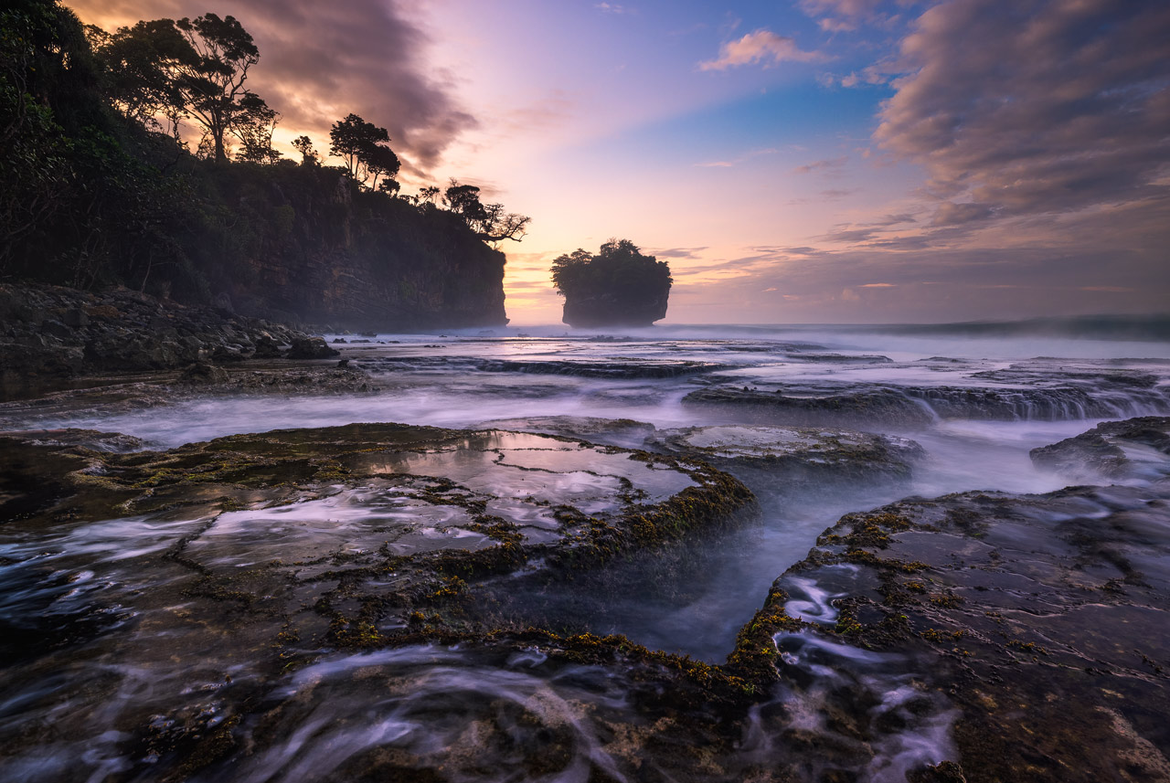 Long exposure of the coastline at Karang Bokor close to Sawarna during sunrise