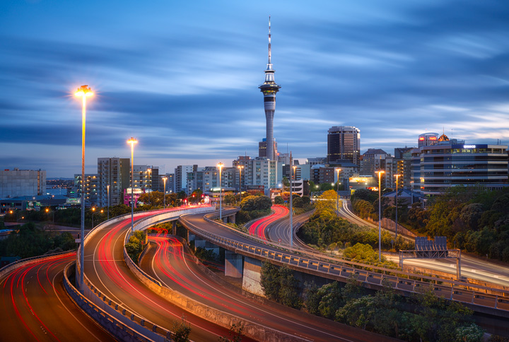 View of Auckland Skyline with southern Moterway at dawn