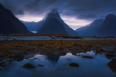 Mitre Peak rises above Milford Sound on a gloomy evening