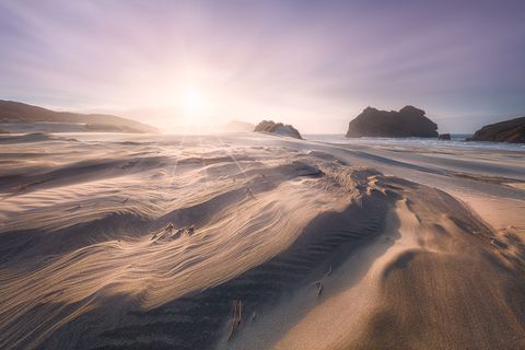 Sand structures at a spectacular beach in New Zealand during sunset