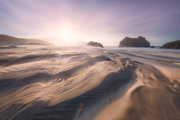 Sand structures at a spectacular beach in New Zealand during sunset