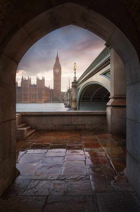 View along Westminster Bridge towards Big Ben on a rainy evening