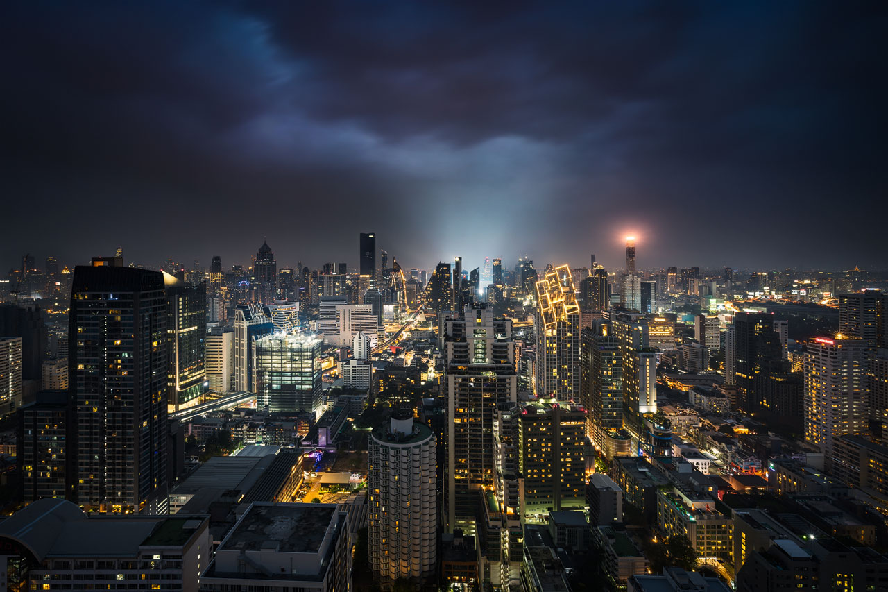 Bangkok Night Photography Example, with illuminated skyline