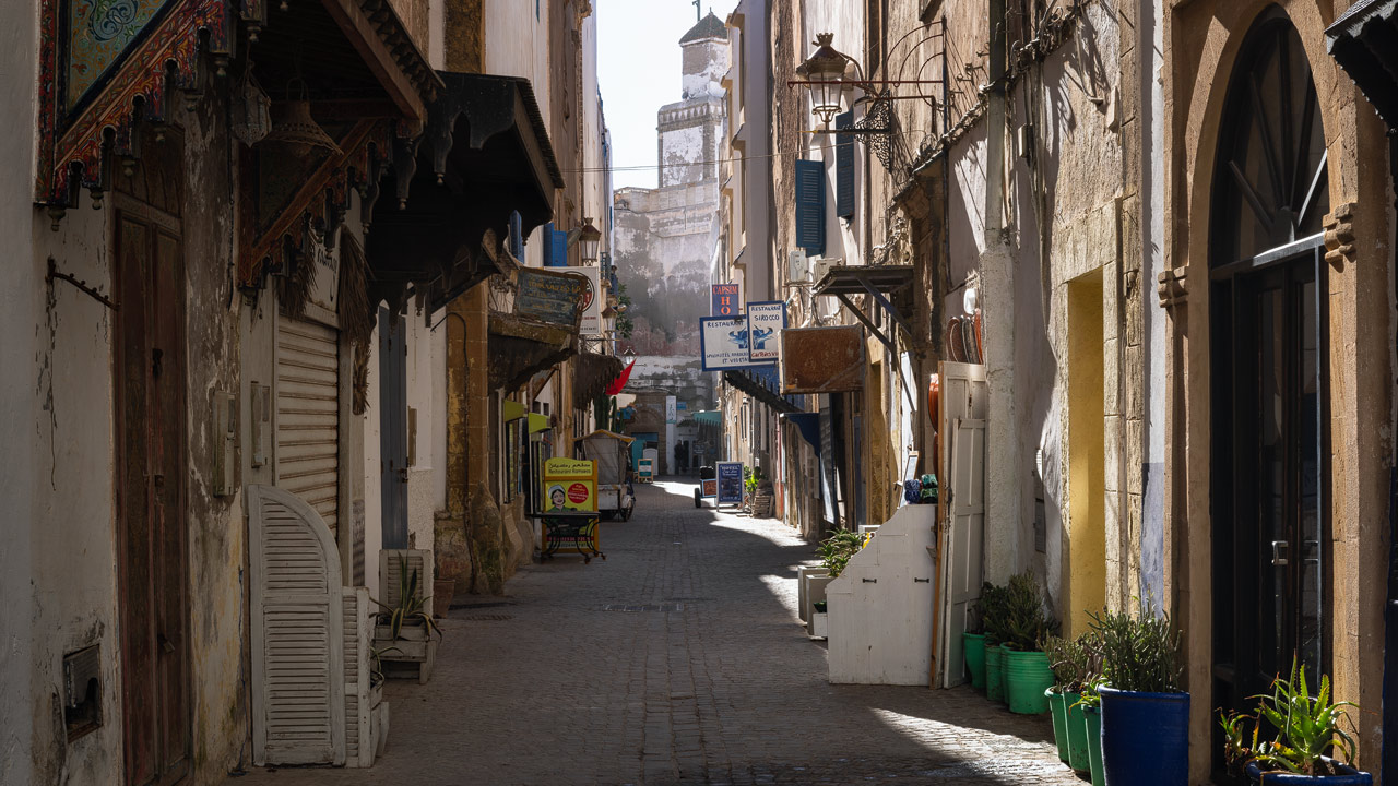 A side street in the Medina of Essaouira in warm morning light