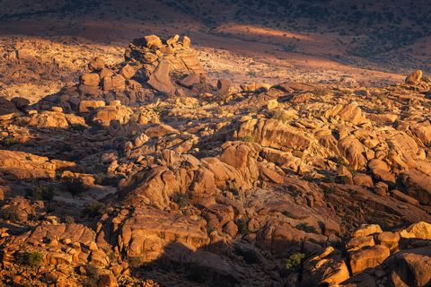 Sunlit rocky desert landscape with scattered boulders and sparse vegetation in Morocco.