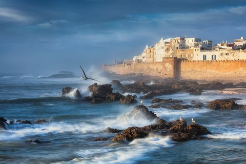 The ramparts of Essaouira on a stormy evening.