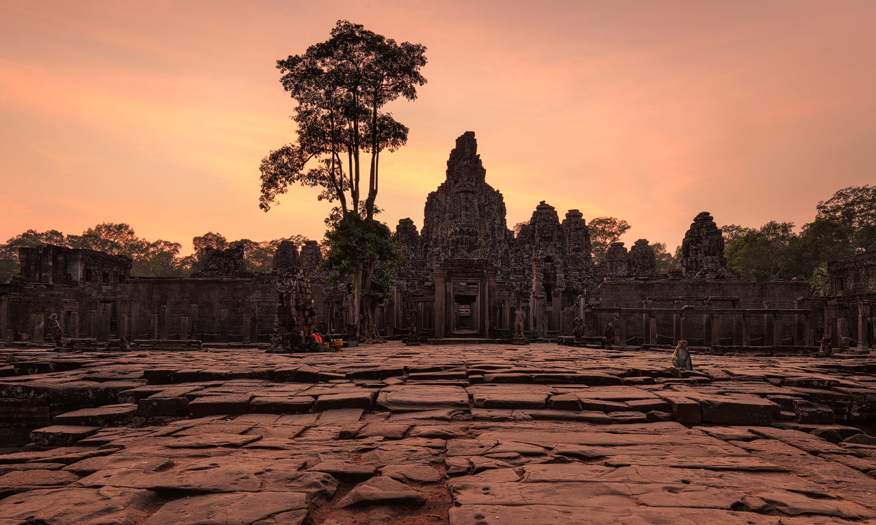 Colorful sunset at Bayon temple in Angkor Wat