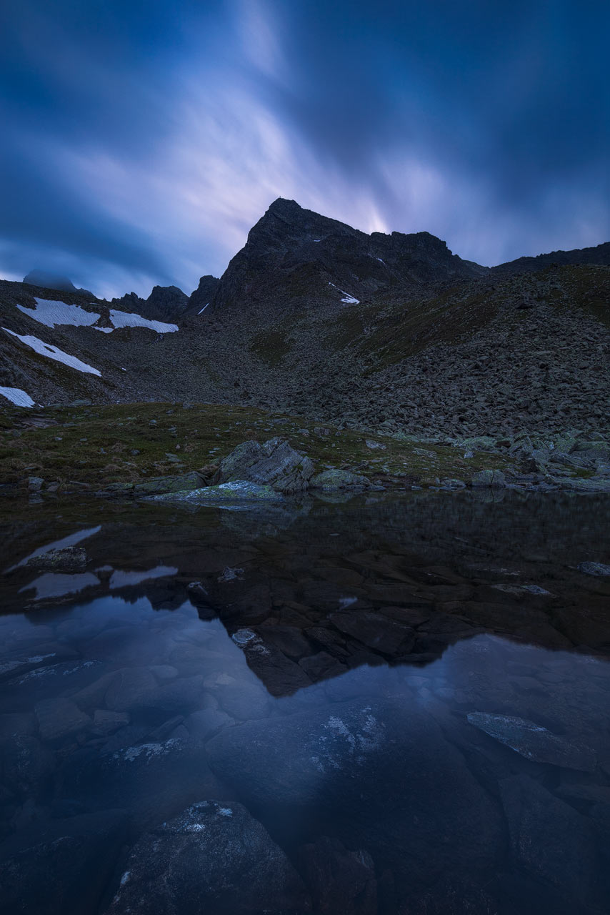View of the Rinnenspitze mountain during blue hour.