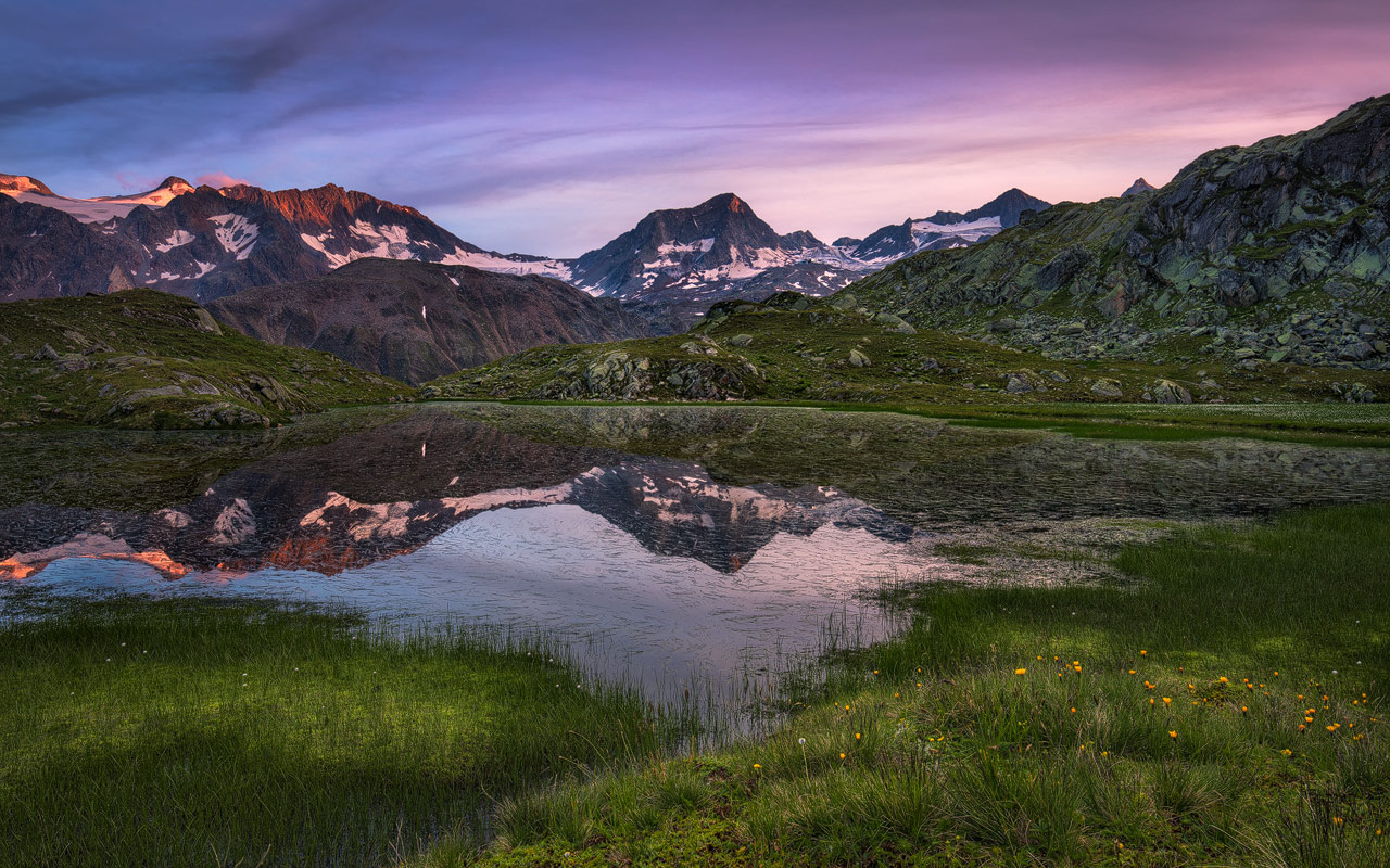 Sunset in the Stubai Alps close to the Mutterberg lake.