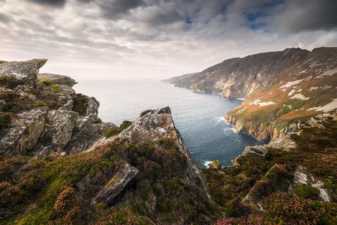 Dramatic coastal cliffs with rugged rocks, wildflowers, and the Atlantic Ocean under a cloudy sky in Ireland.