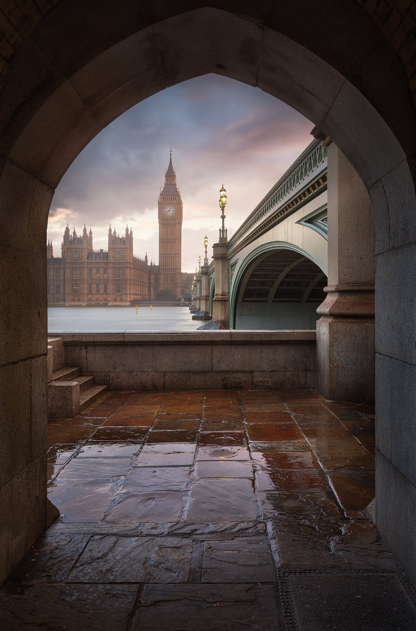 View towards Big Ben on a rainy day in London