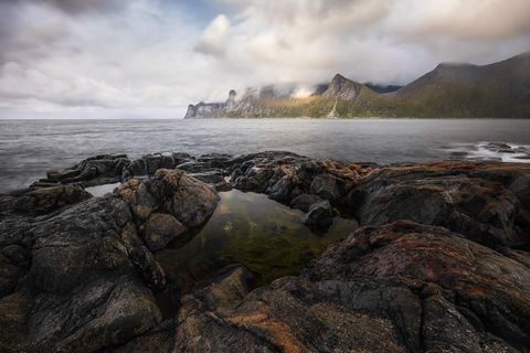Rocky coastline with tide pools in the foreground, calm sea, and dramatic mountains partially covered by low clouds in Norway.