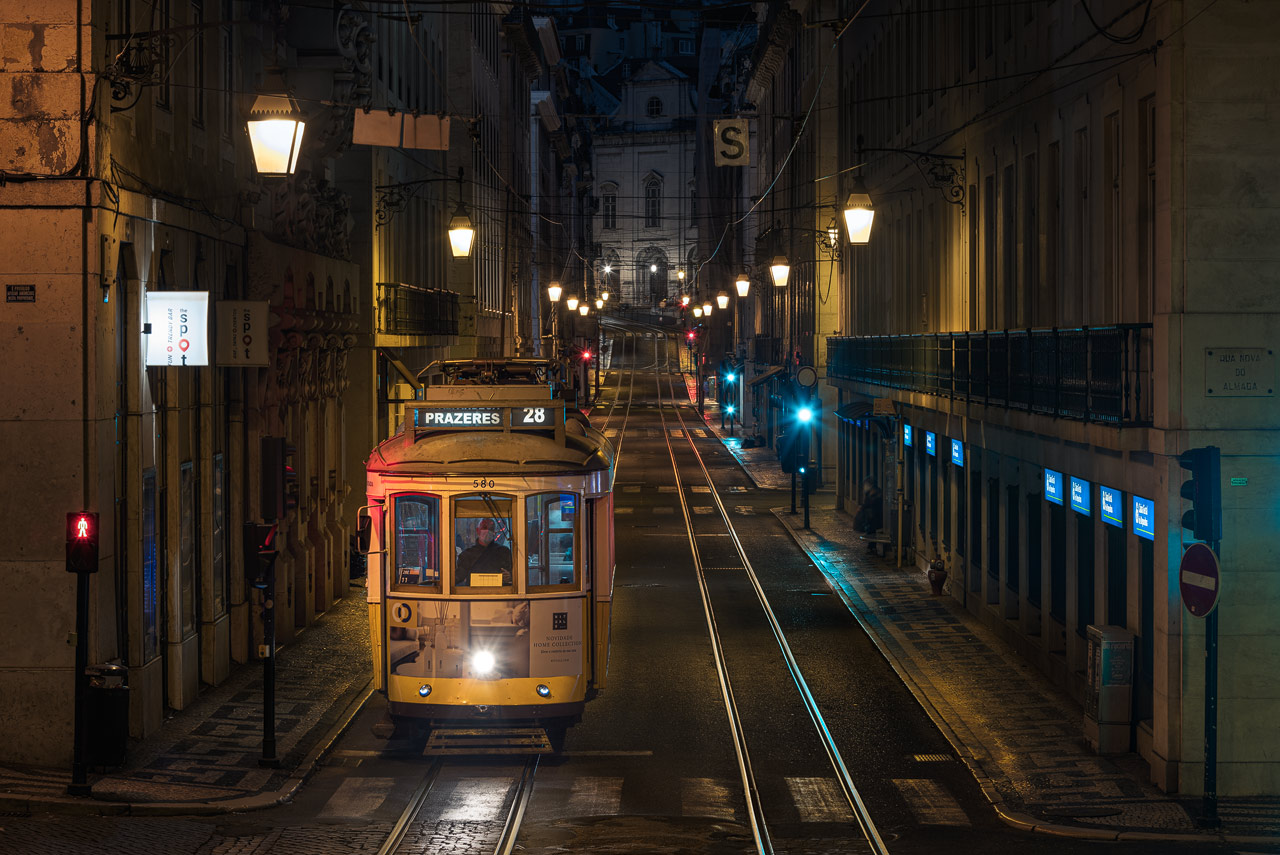 The historic tram in Lisbon at night