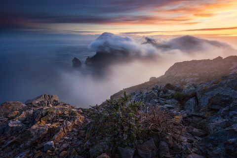 Rocky cliffside with purple wildflowers in the foreground, mist and clouds covering the sea stacks of Cap Formentor at sunrise.