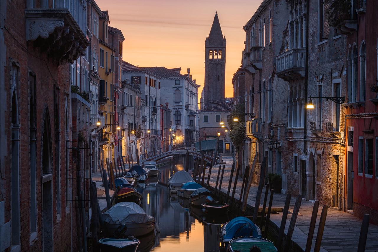 Picturesque canal in Dorsoduro during a colorful sunrise