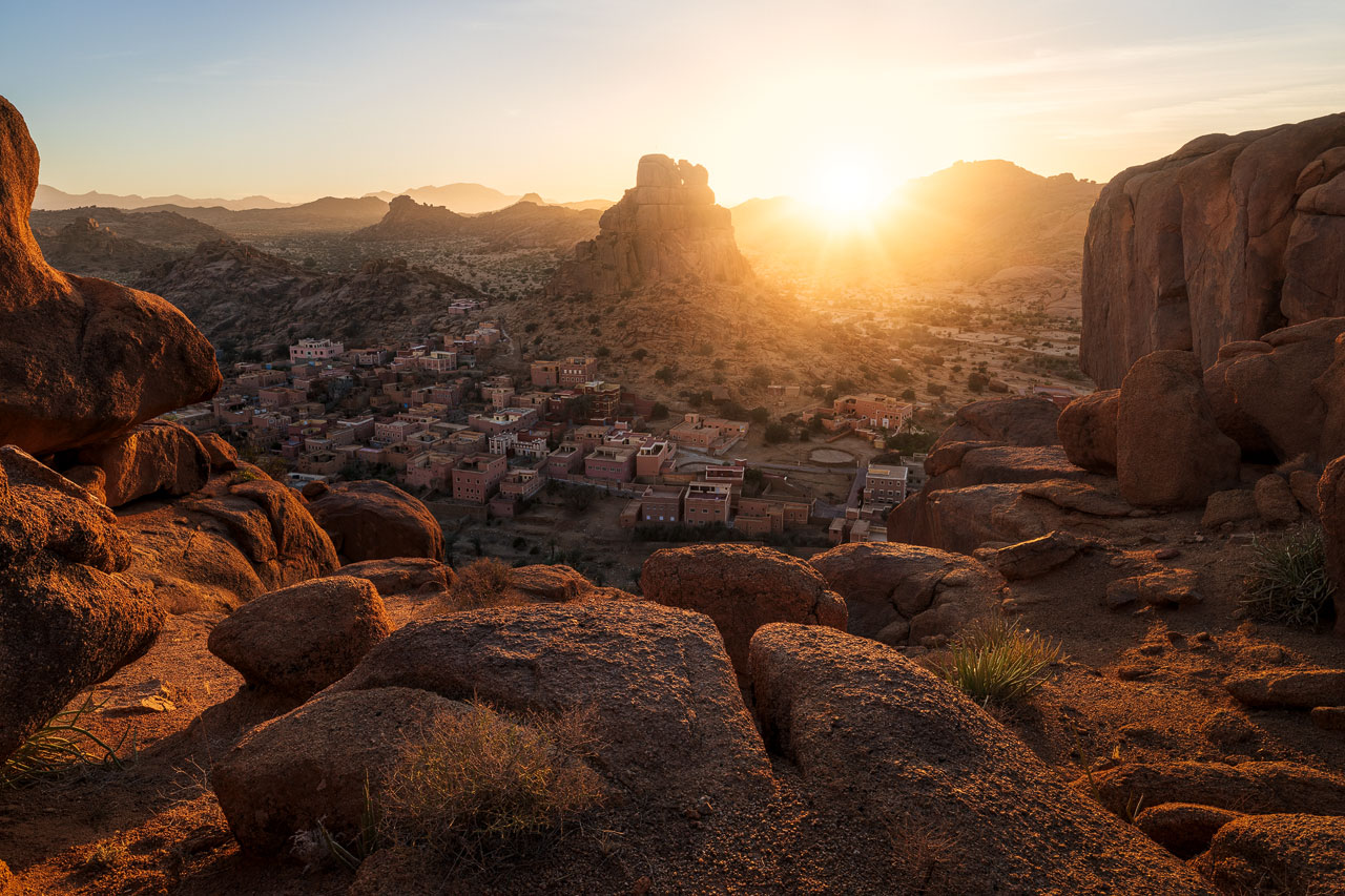 The sun sets behind the mountains of Tafraoute.