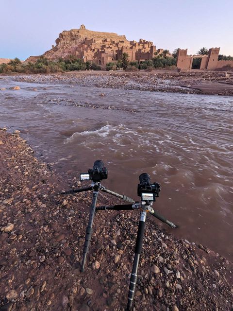 Cameras pointing toward ancient Ait Ben Haddou.
