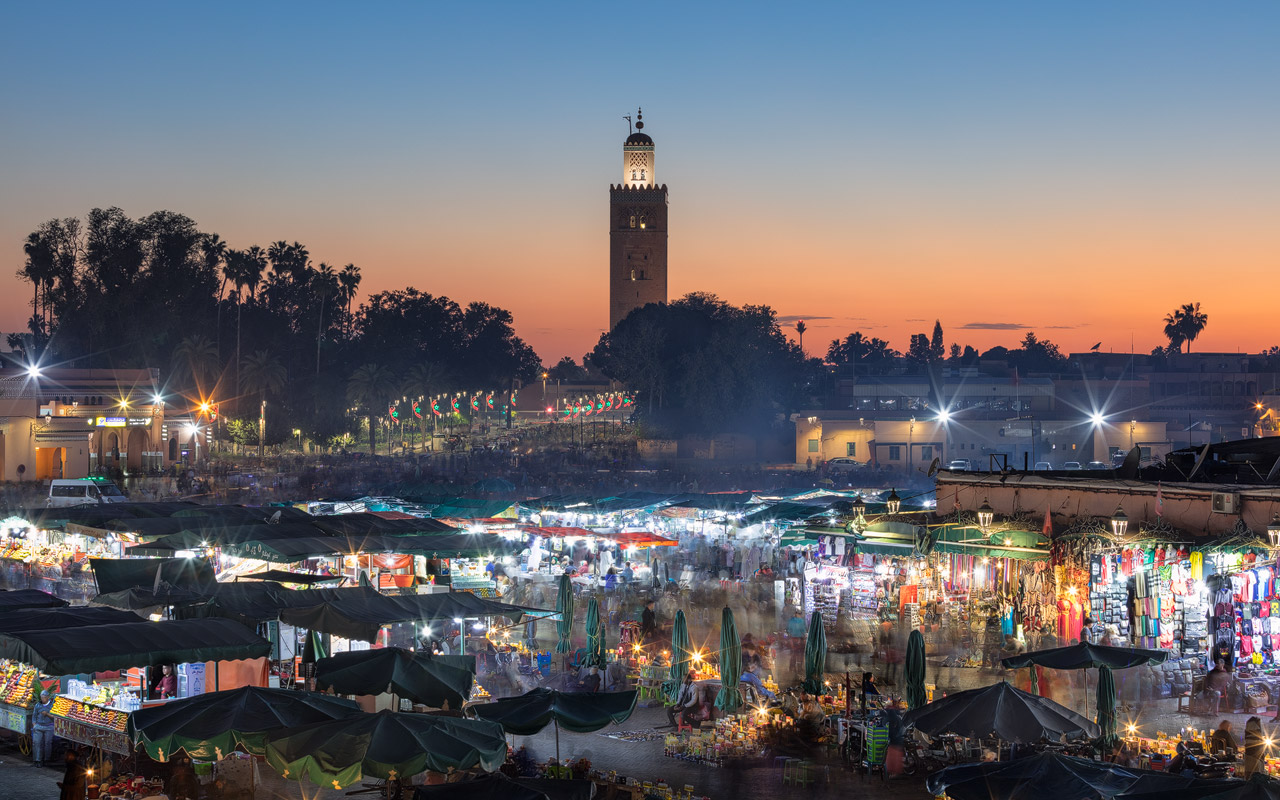 Glowing sky behind the Mosque at Jemaa el-Fnaa in Marrakesh.