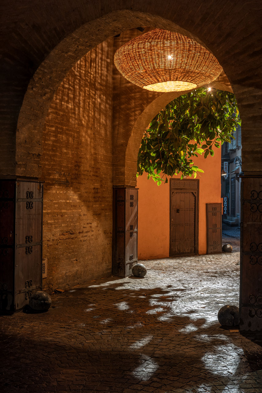 Beautifully lit gate in the Marrakesh Medina.