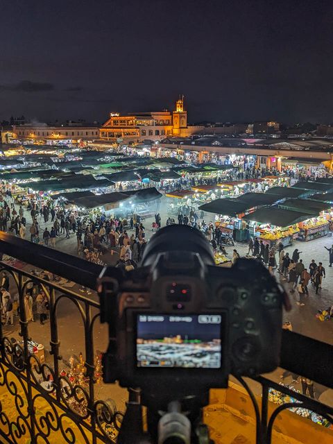 Camera pointing toward Jemaa el Fnaa after sunset.